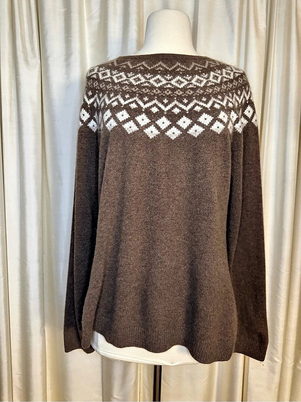 L.L.Bean 100% Cashmere Fair Isle Sweater Women’s XL Brown Ivory Nordic Après Ski - Picture 2 of 9